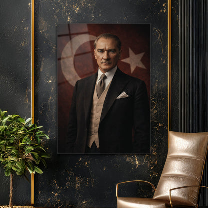Atatürk Bayraklı Klasik Vestiyer Portre Cam Tablo