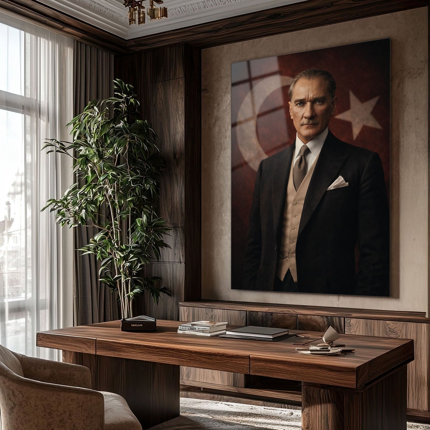 Atatürk Bayraklı Klasik Vestiyer Portre Cam Tablo