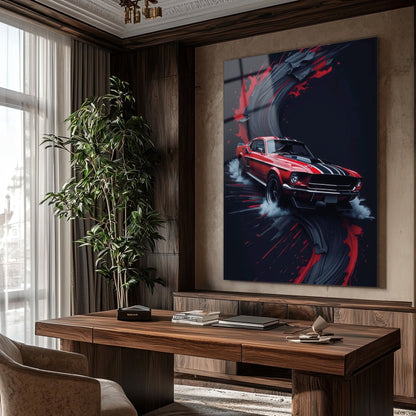 Klasik Mustang Kırmızı Sanat Cam Tablo