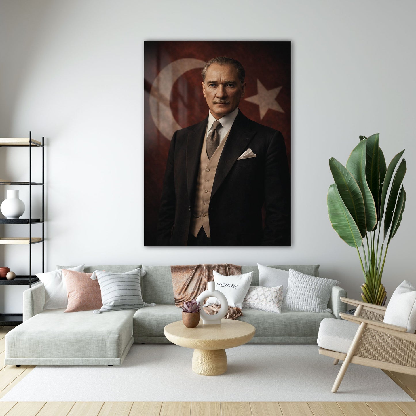 Atatürk Bayraklı Klasik Vestiyer Portre Cam Tablo