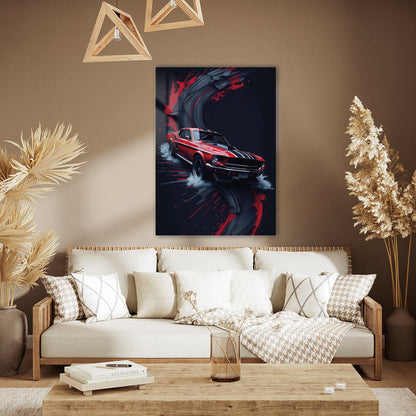 Klasik Mustang Kırmızı Sanat Cam Tablo
