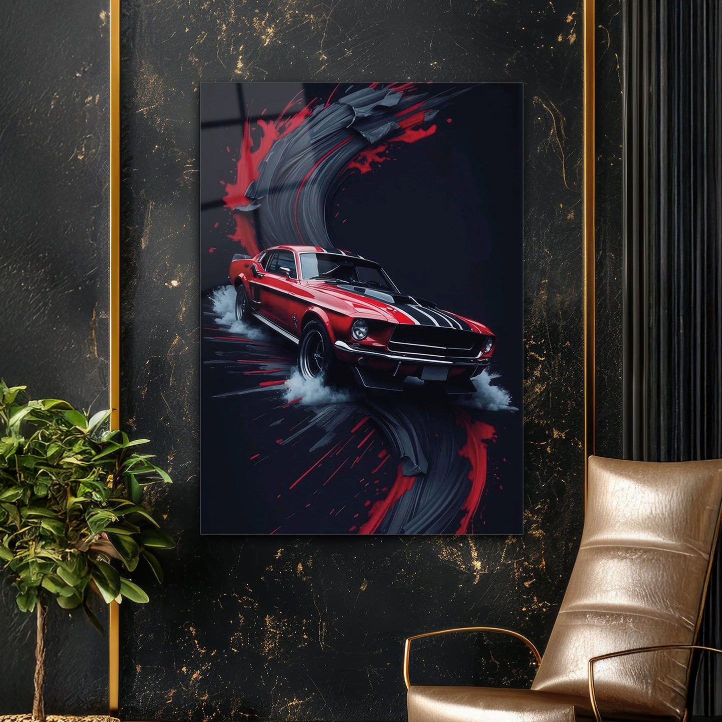 Klasik Mustang Kırmızı Sanat Cam Tablo