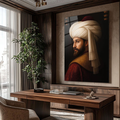Fatih Sultan Mehmet Kavuklu Klasik Portre Cam Tablo