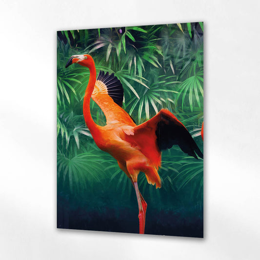 Tropikal Flamingo ve Yeşil Yapraklar Cam Tablo