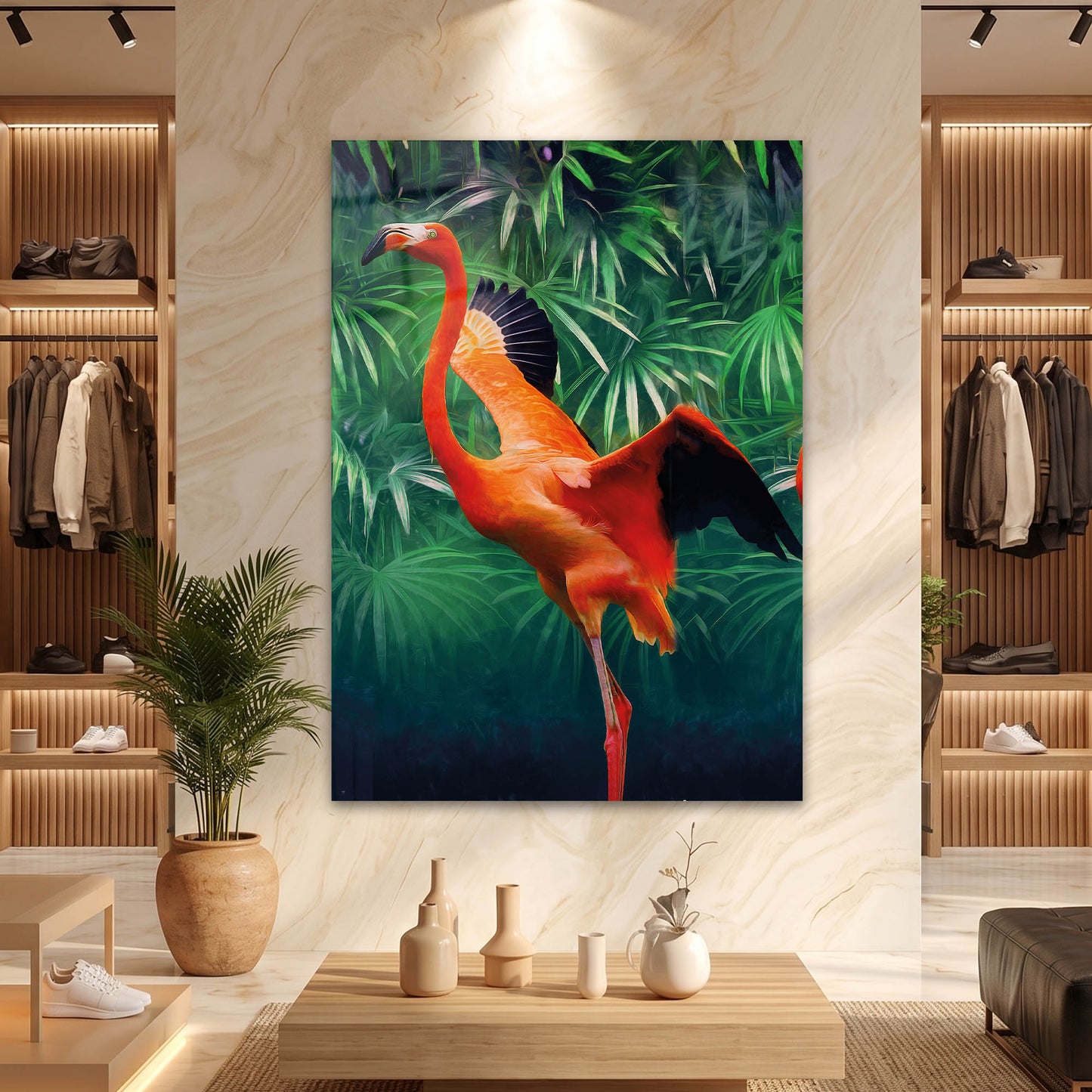 Tropikal Flamingo ve Yeşil Yapraklar Cam Tablo