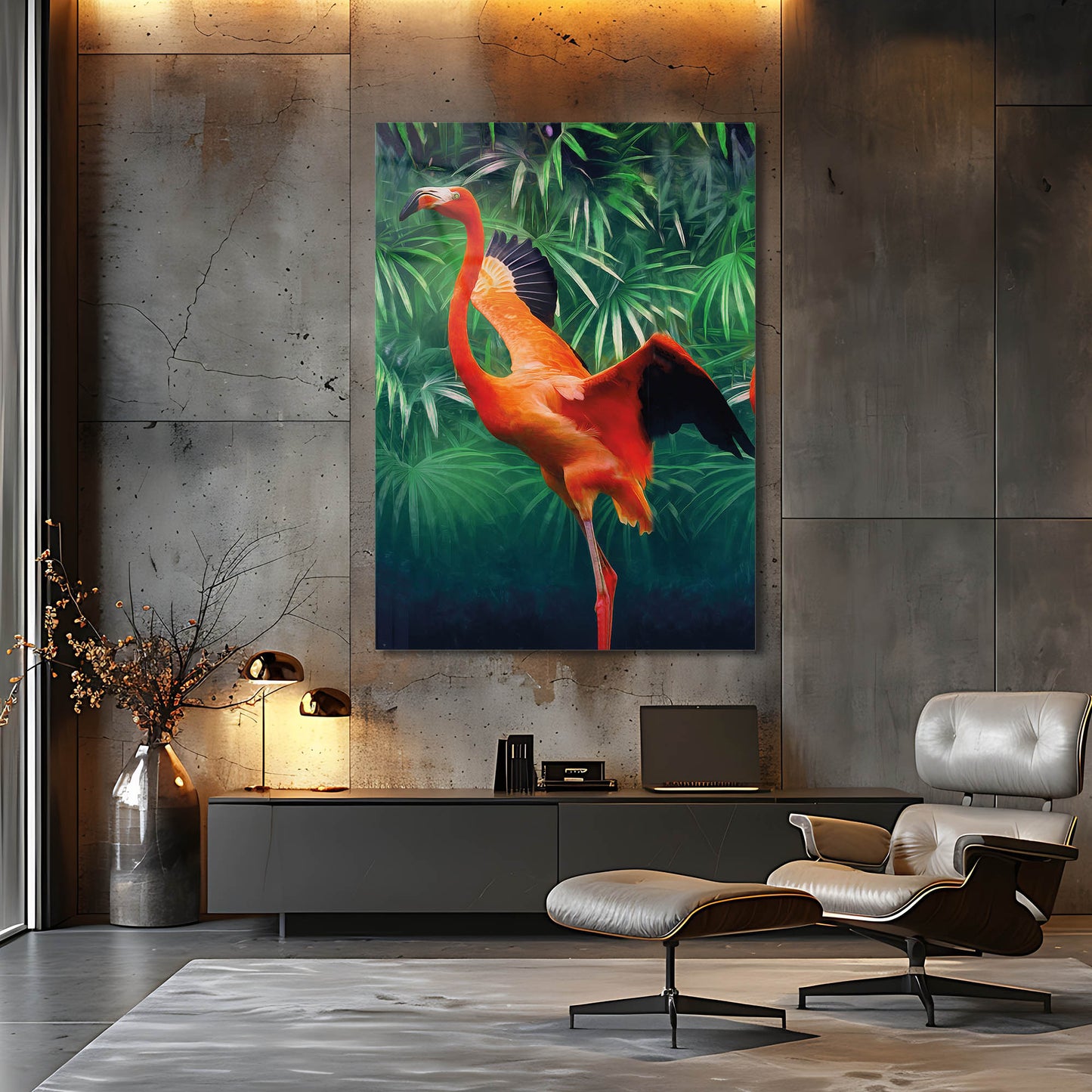 Tropikal Flamingo ve Yeşil Yapraklar Cam Tablo