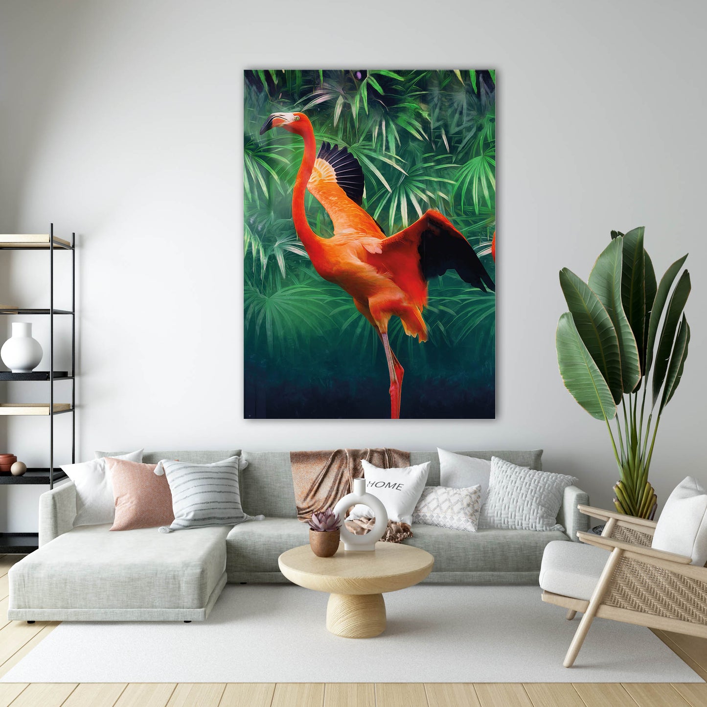Tropikal Flamingo ve Yeşil Yapraklar Cam Tablo