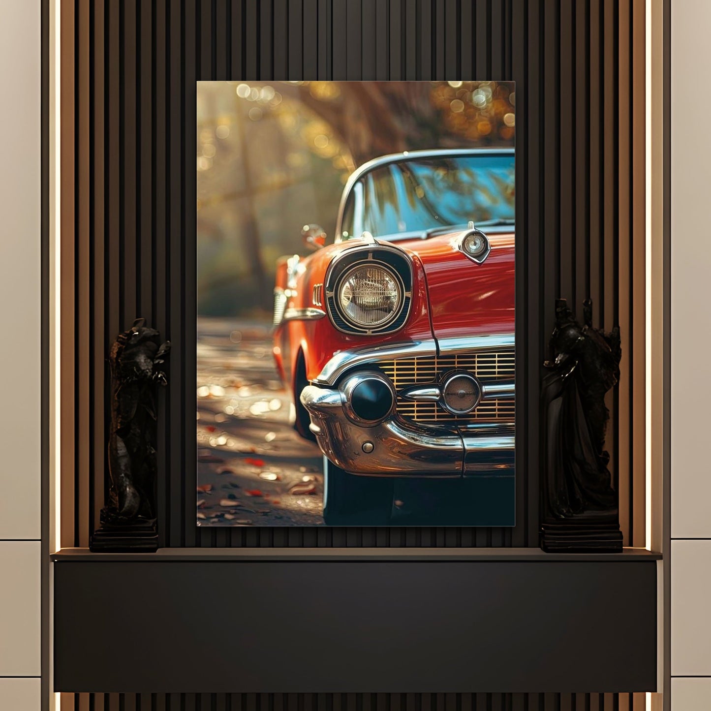 Klasik Kırmızı Amerikan Araba Cam Tablo