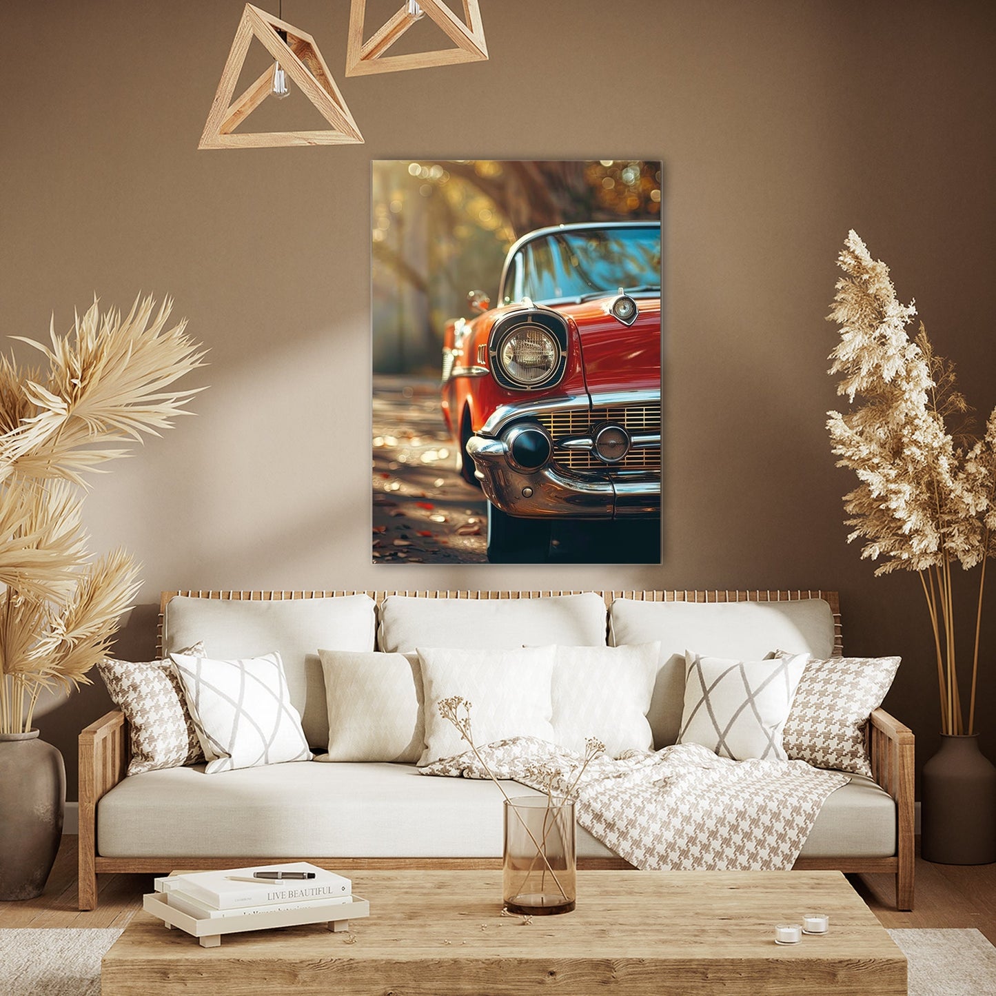 Klasik Kırmızı Amerikan Araba Cam Tablo