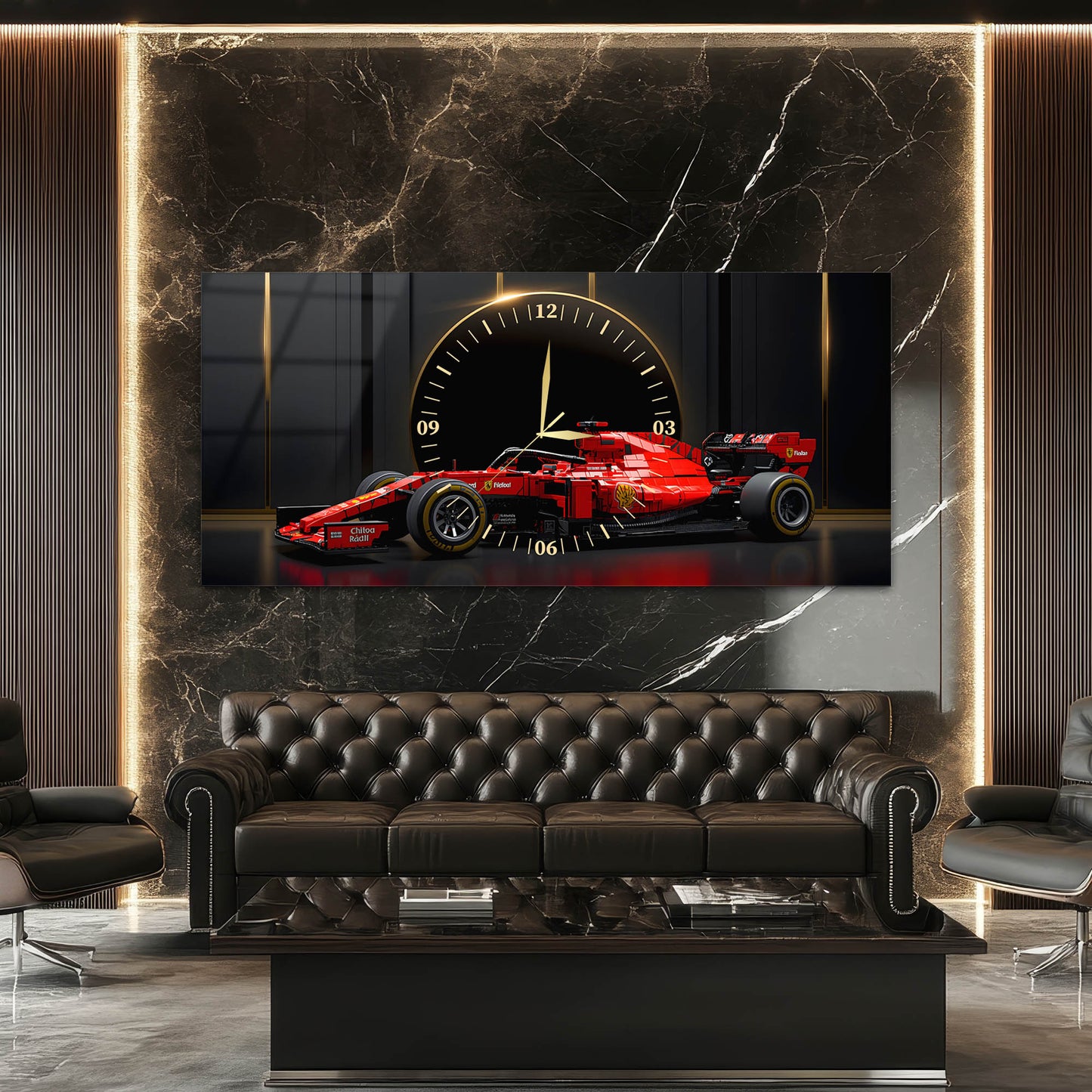 Kırmızı Formula Araba Modern Cam Tablo Saat