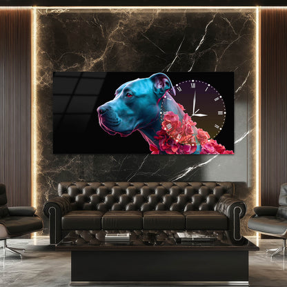 Neon Mavi Köpek Figürlü Cam Saatli Tablo