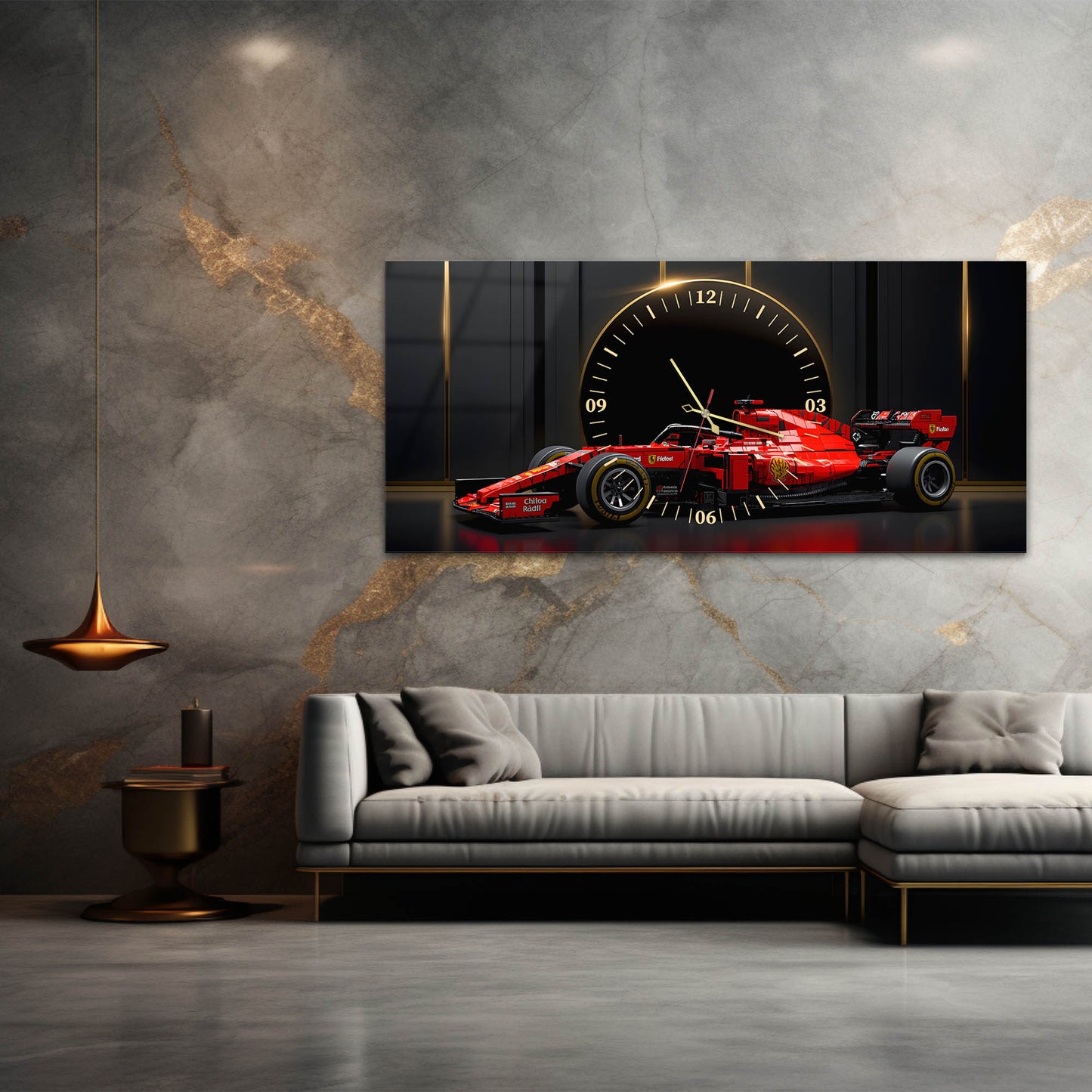 Kırmızı Formula Araba Modern Cam Tablo Saat