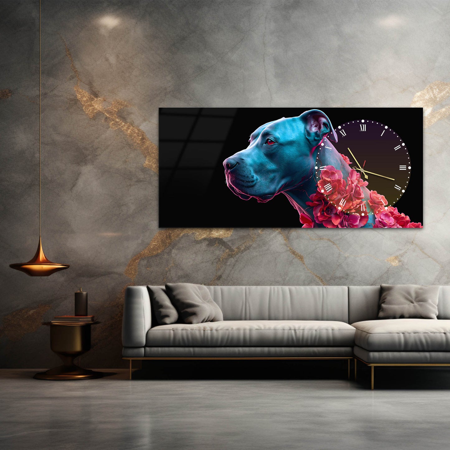 Neon Mavi Köpek Figürlü Cam Saatli Tablo