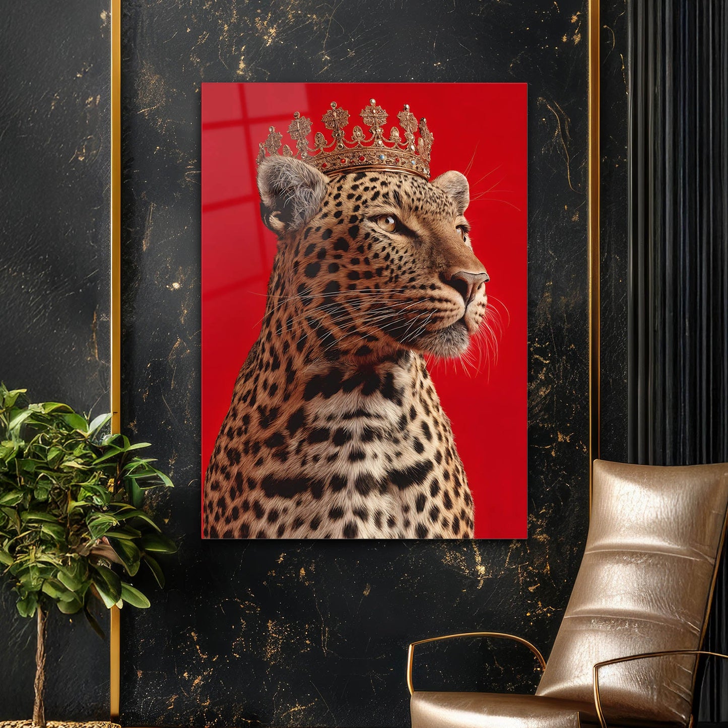 Taçlı Leopar Kırmızı Arka Plan Cam Tablo