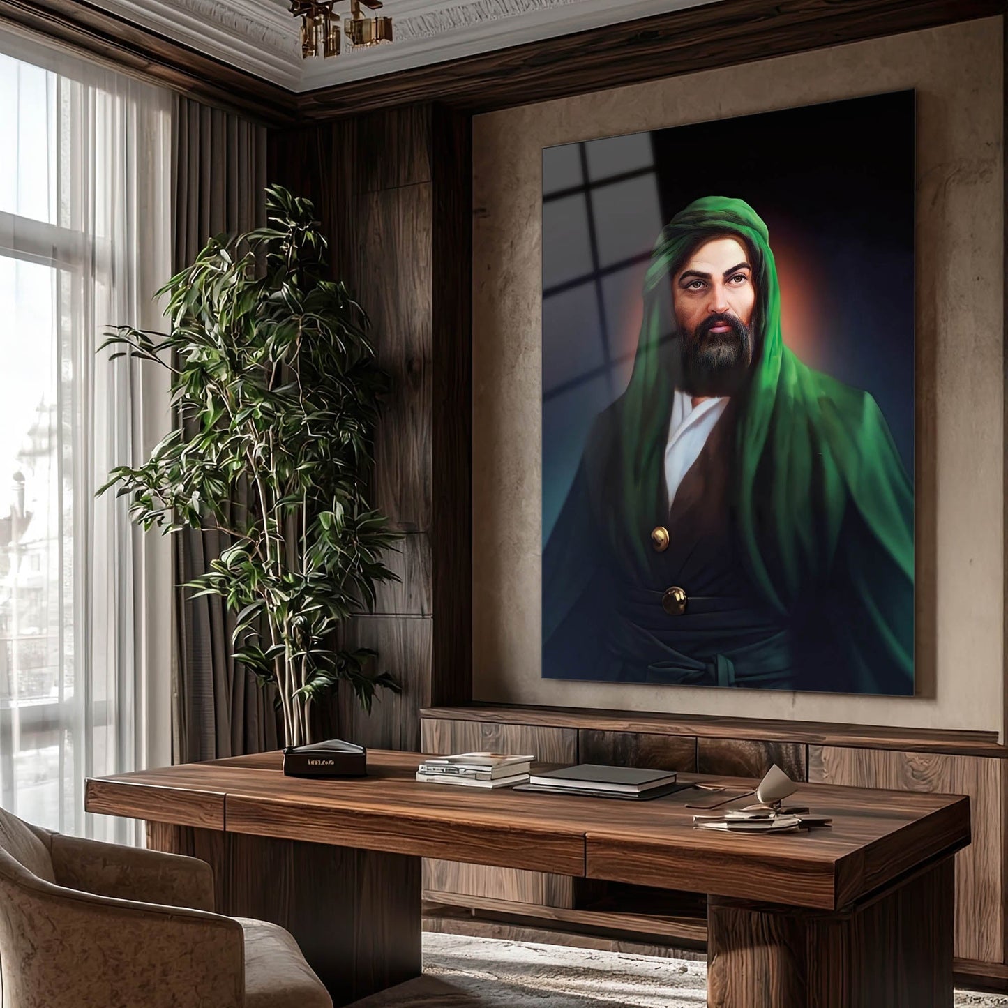 Hz. Ali Portre Cam Tablo – Karanlık Fon Premium Tasarım