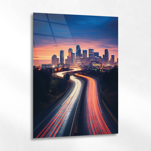Modern Şehir Işık Yolu Gece Manzarası Cam Tablo