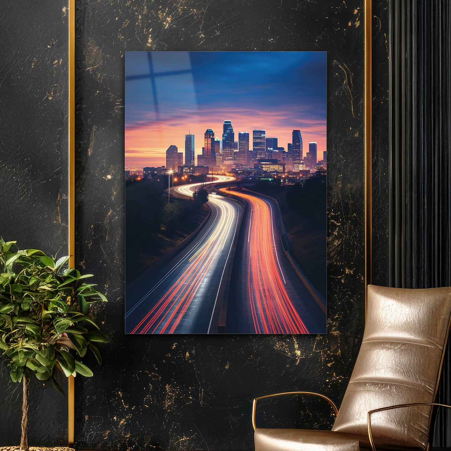 Modern Şehir Işık Yolu Gece Manzarası Cam Tablo