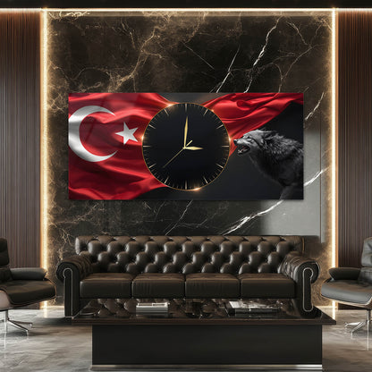 Türk Bayraklı Kurt Temalı - Saatlı Cam Tablo
