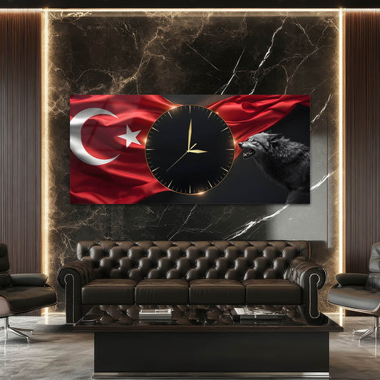 Türk Bayraklı Kurt Temalı - Saatlı Cam Tablo
