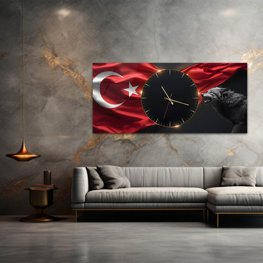 Türk Bayraklı Kurt Temalı - Saatlı Cam Tablo