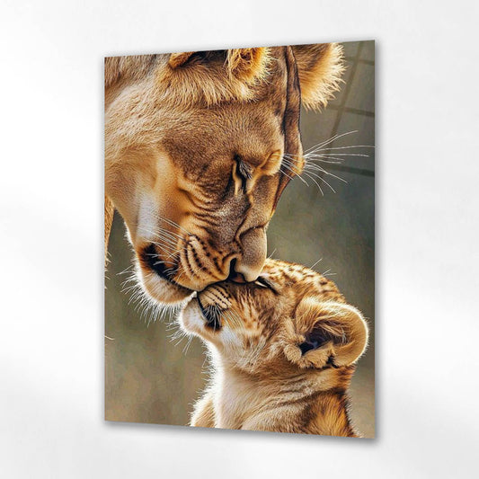 Anne ve Yavru Aslan Sevgi Cam Tablo