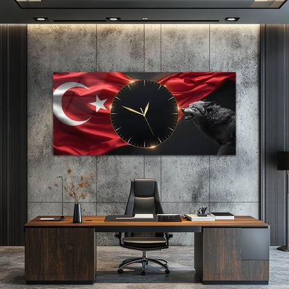 Türk Bayraklı Kurt Temalı - Saatlı Cam Tablo