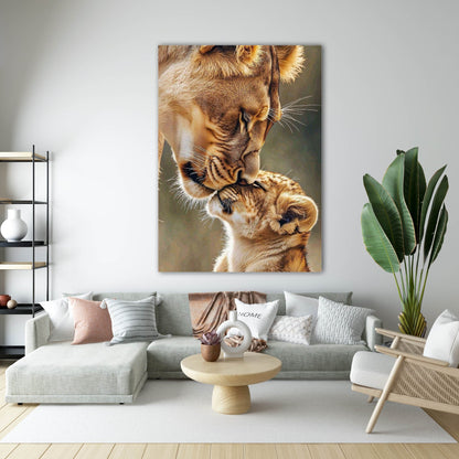 Anne ve Yavru Aslan Sevgi Cam Tablo
