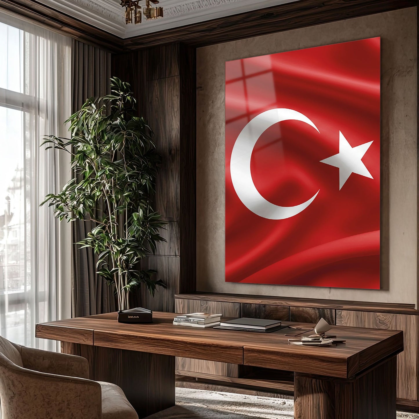 Türk Bayrağı Ay Yıldız Dalga Dokulu Cam Tablo