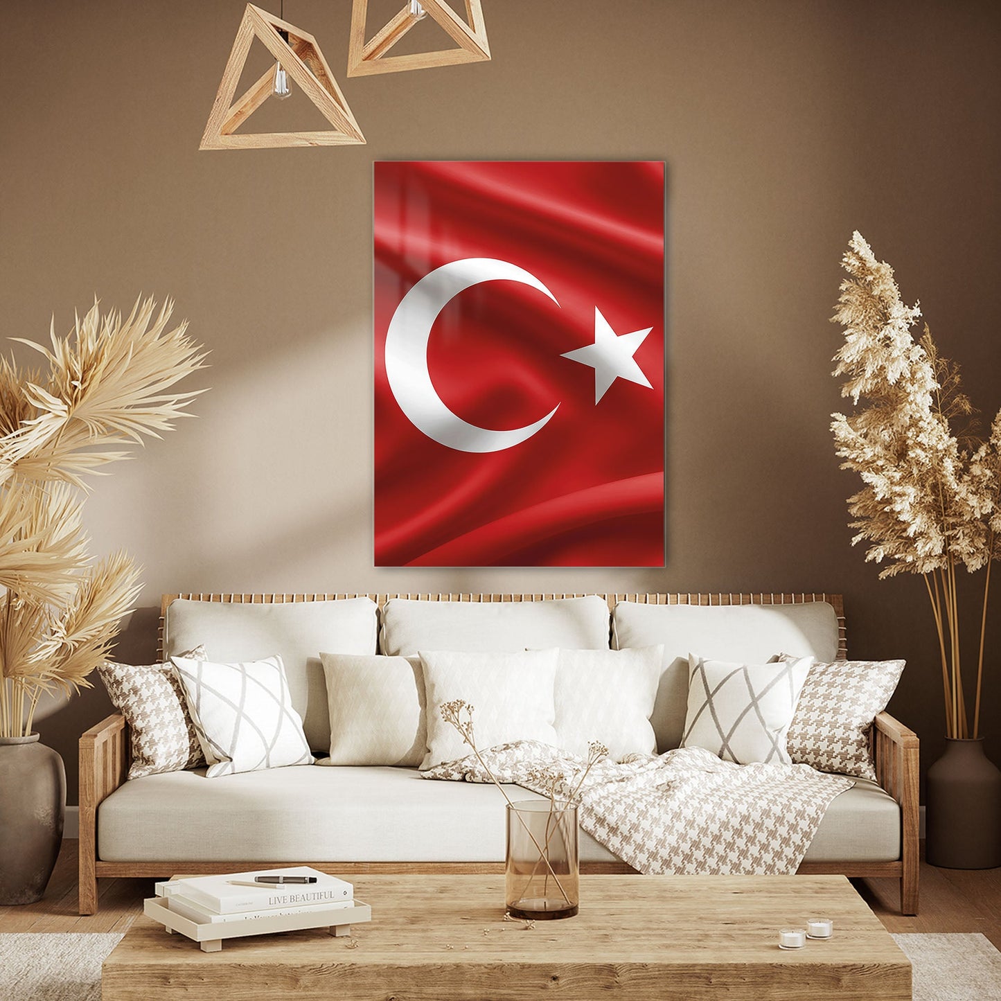 Türk Bayrağı Ay Yıldız Dalga Dokulu Cam Tablo