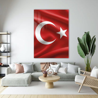 Türk Bayrağı Ay Yıldız Dalga Dokulu Cam Tablo