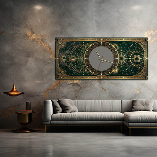 Yeşil Altın Astroloji Temalı Cam Tablo Saat