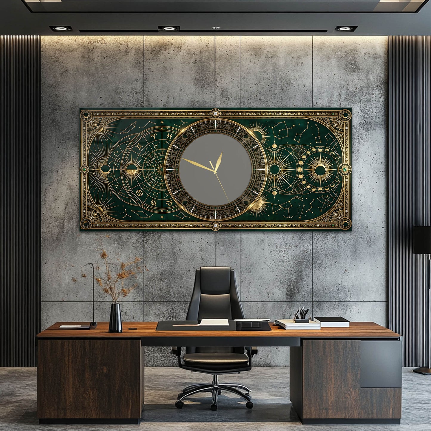 Yeşil Altın Astroloji Temalı Cam Tablo Saat