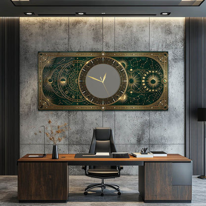Yeşil Altın Astroloji Temalı Cam Tablo Saat