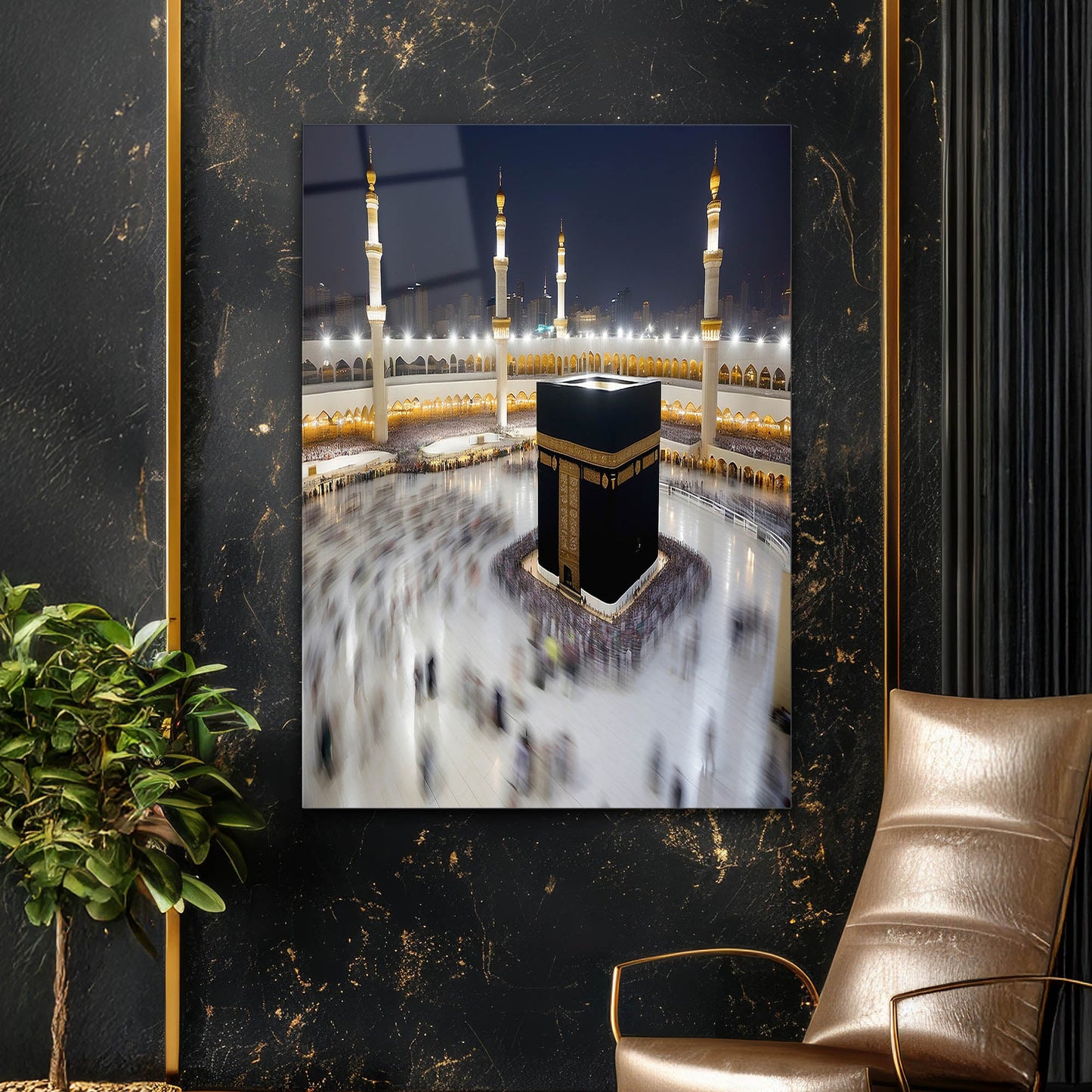 Kâbe Mekke Gece Uzun Pozlama Cam Tablo