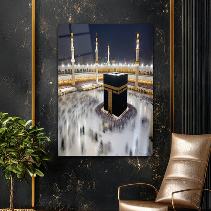 Kâbe Mekke Gece Uzun Pozlama Cam Tablo