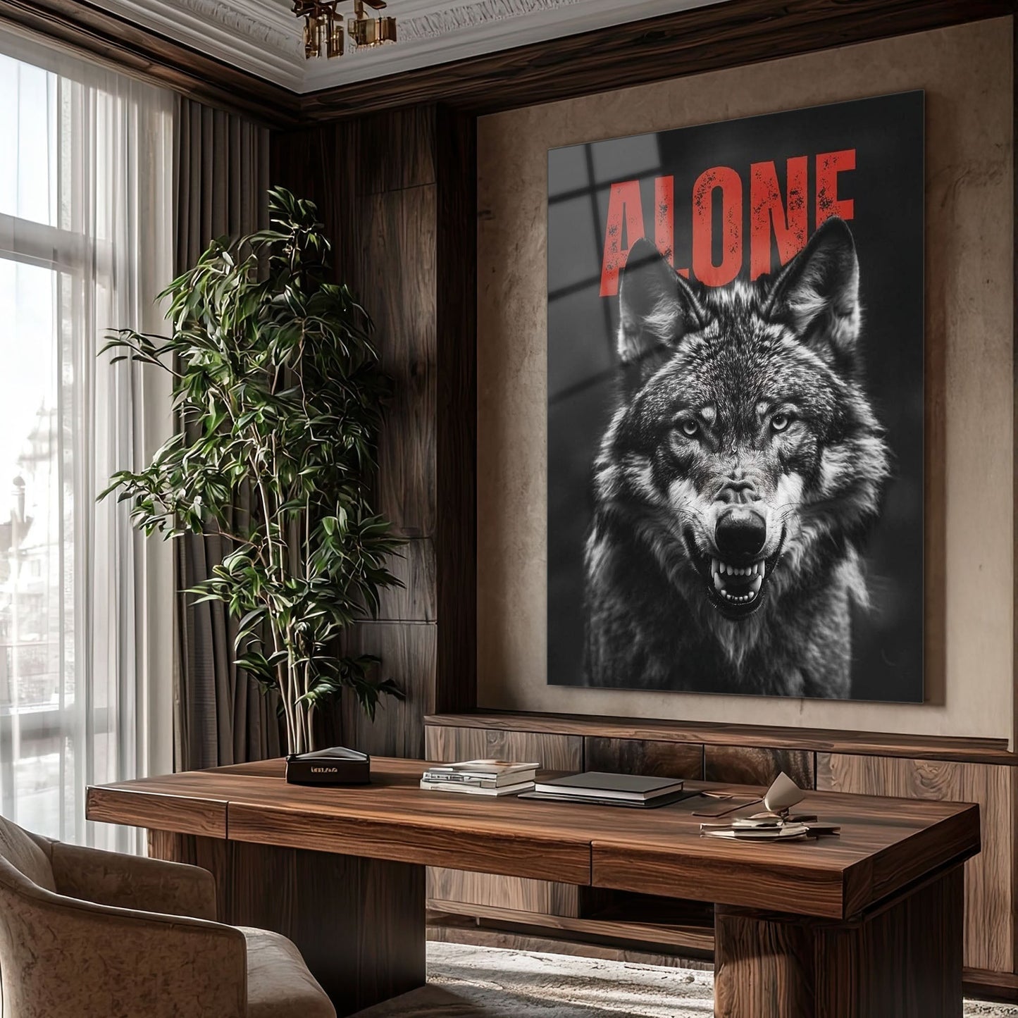 Alone Yazılı Kurt Portresi Milli Güç Cam Tablo