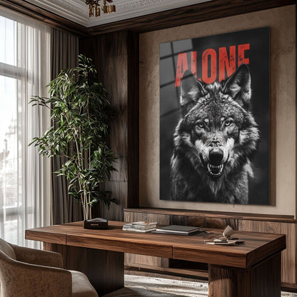Alone Yazılı Kurt Portresi Milli Güç Cam Tablo