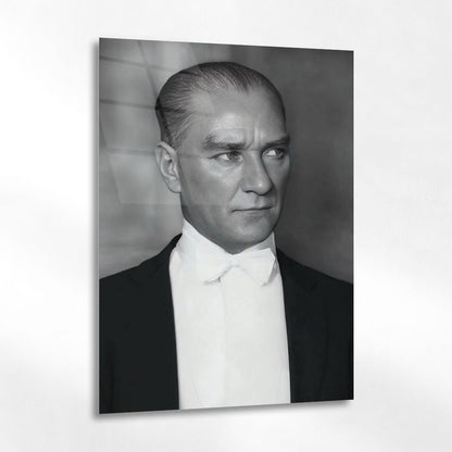 Atatürk Siyah Beyaz Yan Profil Klasik Cam Tablo