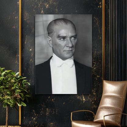 Atatürk Siyah Beyaz Yan Profil Klasik Cam Tablo