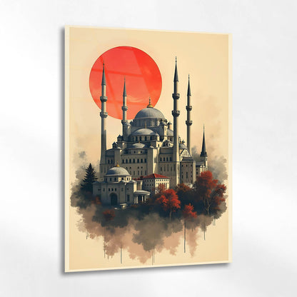 Osmanlı Camii Kırmızı Güneş İllüstrasyon Cam Tablo