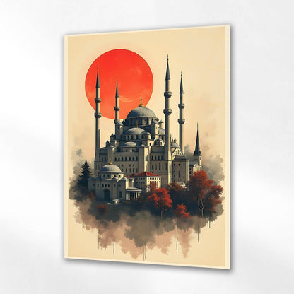 Osmanlı Camii Kırmızı Güneş İllüstrasyon Cam Tablo