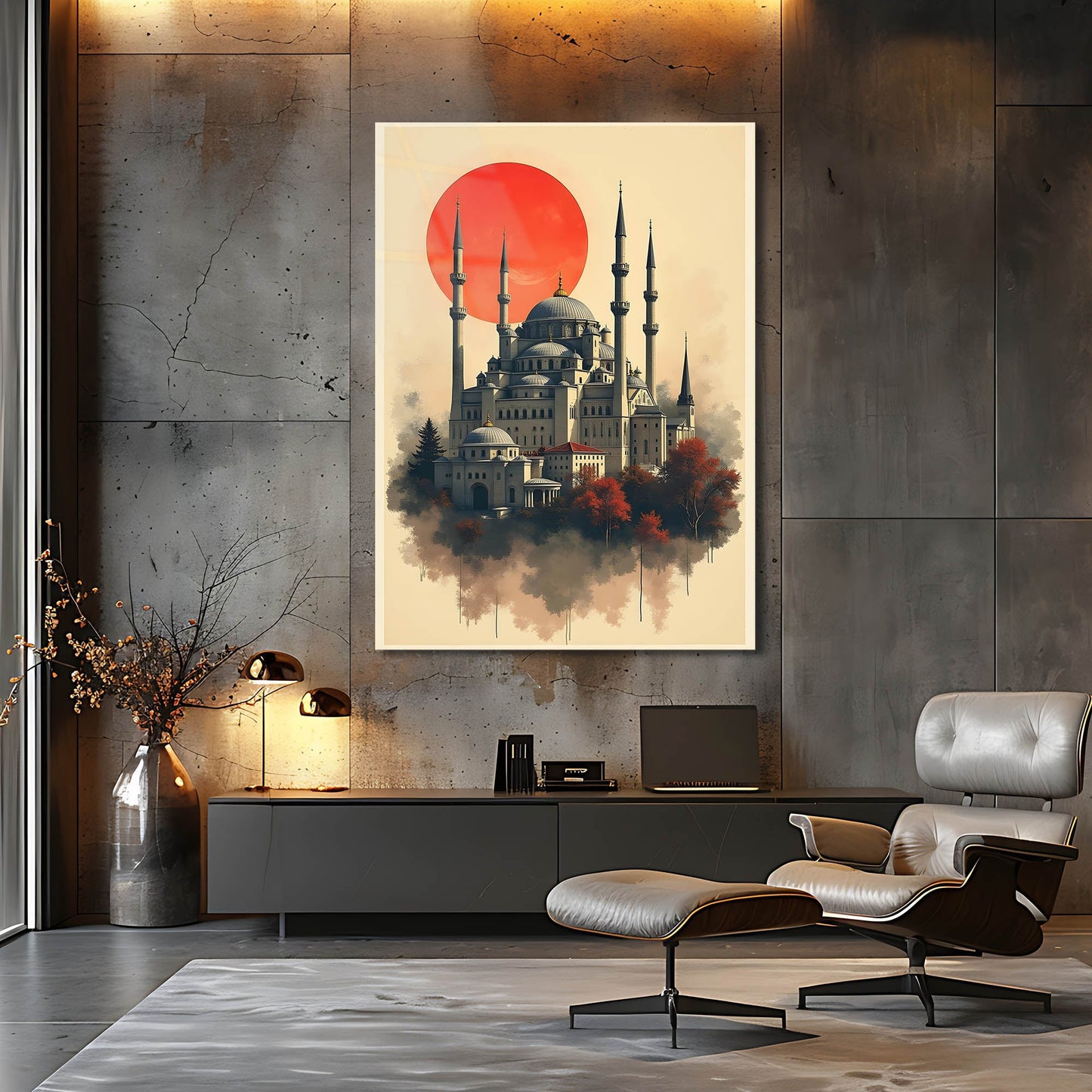 Osmanlı Camii Kırmızı Güneş İllüstrasyon Cam Tablo