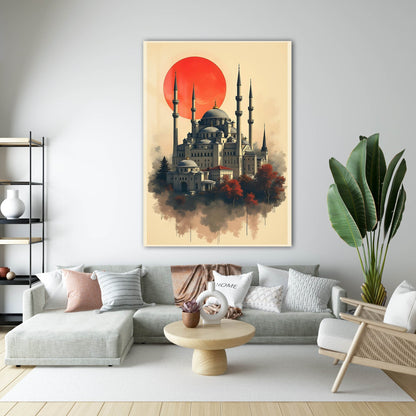Osmanlı Camii Kırmızı Güneş İllüstrasyon Cam Tablo