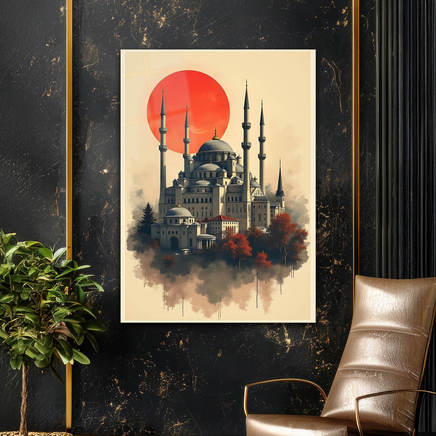 Osmanlı Camii Kırmızı Güneş İllüstrasyon Cam Tablo