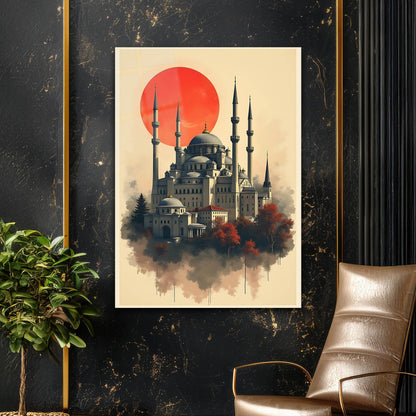 Osmanlı Camii Kırmızı Güneş İllüstrasyon Cam Tablo