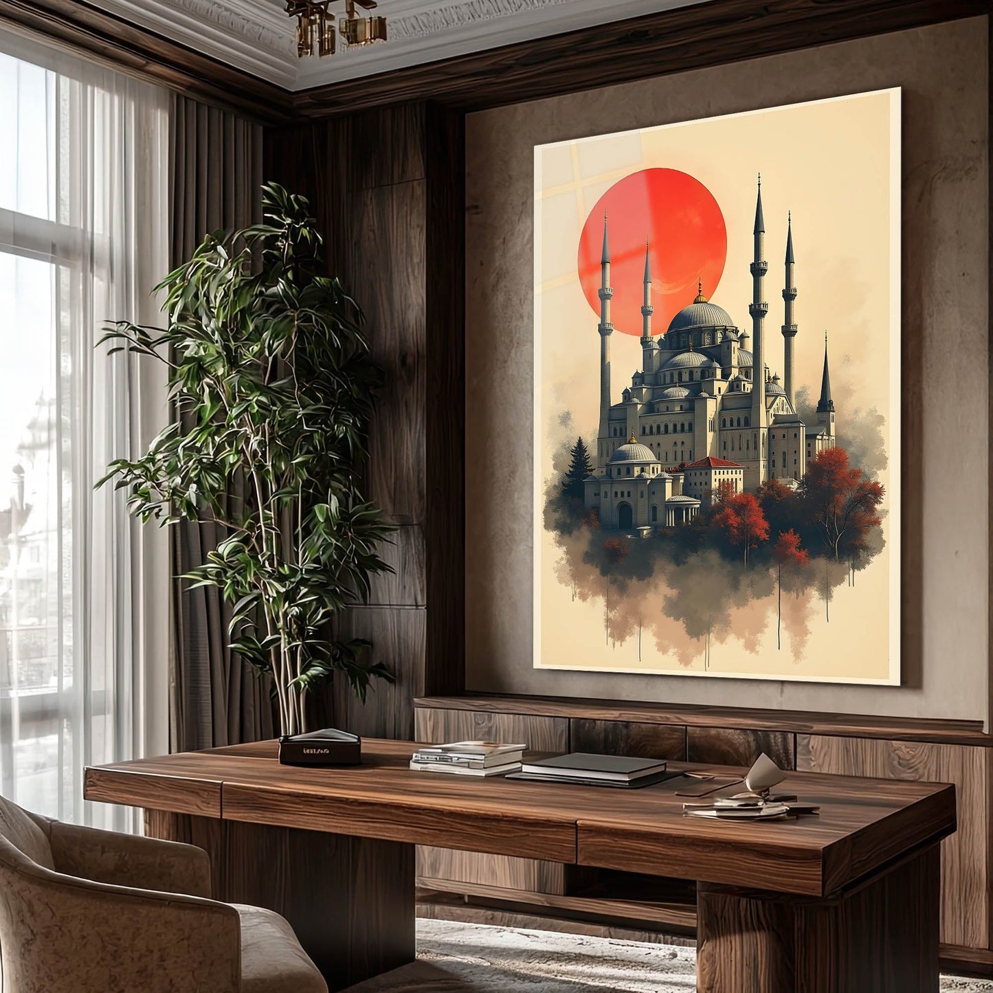 Osmanlı Camii Kırmızı Güneş İllüstrasyon Cam Tablo