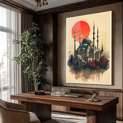 Osmanlı Camii Kırmızı Güneş İllüstrasyon Cam Tablo