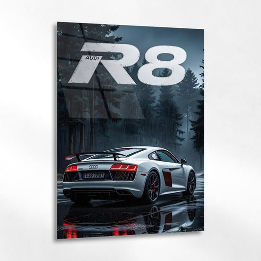 Audi R8 Yağmurlu Orman Cam Tablo – Spor ve Zarafet