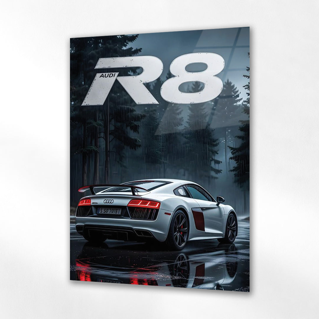 Audi R8 Yağmurlu Orman Cam Tablo – Spor ve Zarafet