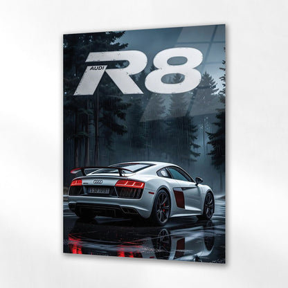 Audi R8 Yağmurlu Orman Cam Tablo – Spor ve Zarafet